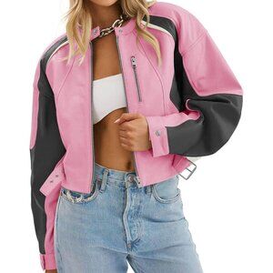 🆕Women's Pink Tankaneo Leather Bomber Jacket Cropped Color Block Fall Casual